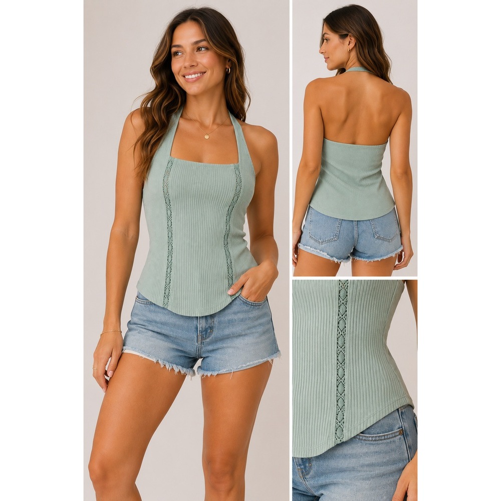 American Eagle Halter Top Women's Small Sage Green Crochet Ribbed NWT Y2K